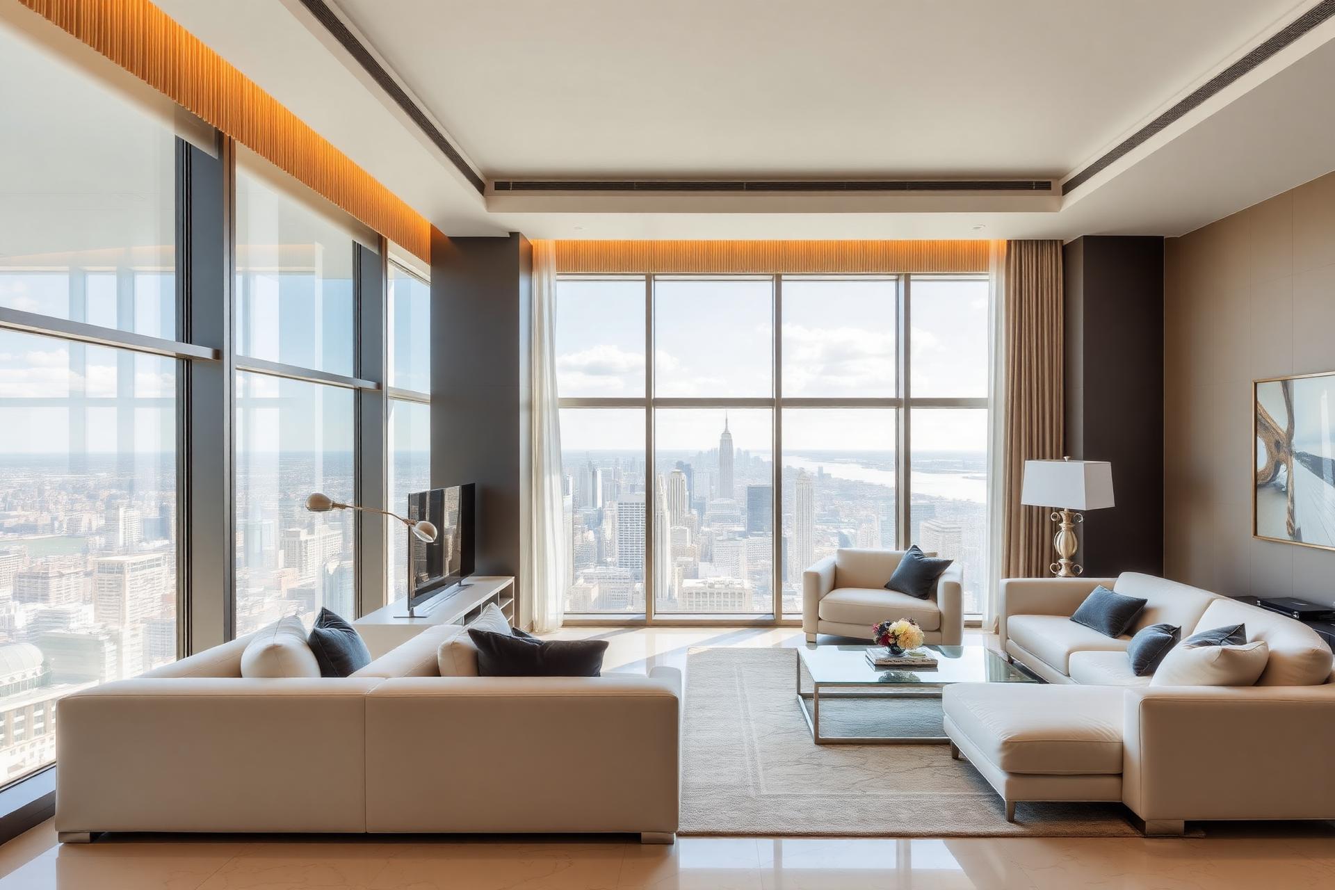 Sala de estar de apartamento de luxo com vista para a cidade